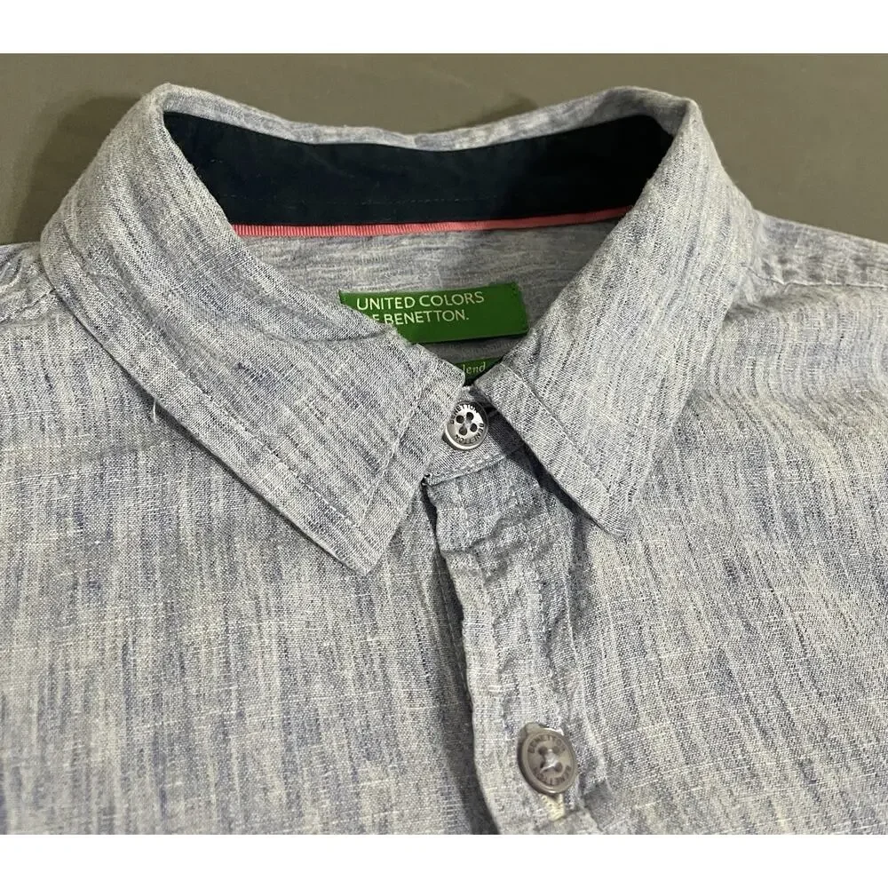 United Colors of Benetton Mens S Light Blue Lyocell Linen Cotton Button Up Shirt